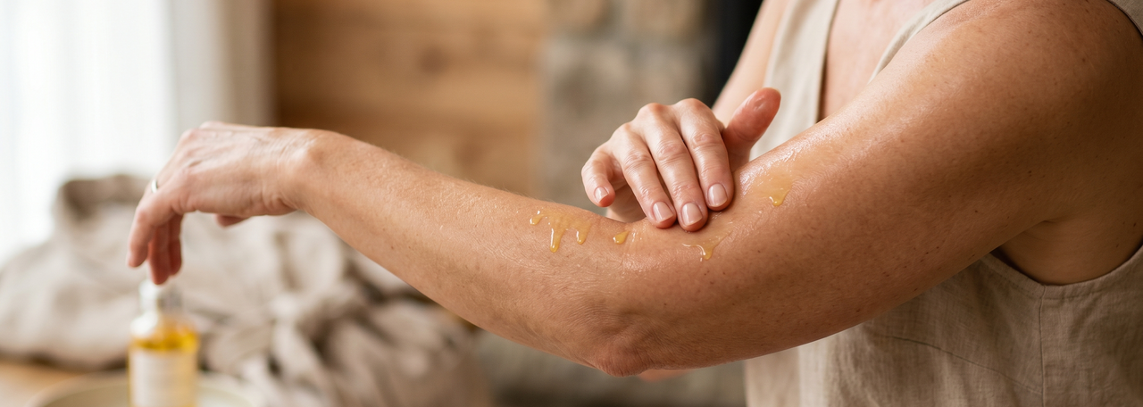 Close-up of glowing skin with body oil being smoothed in